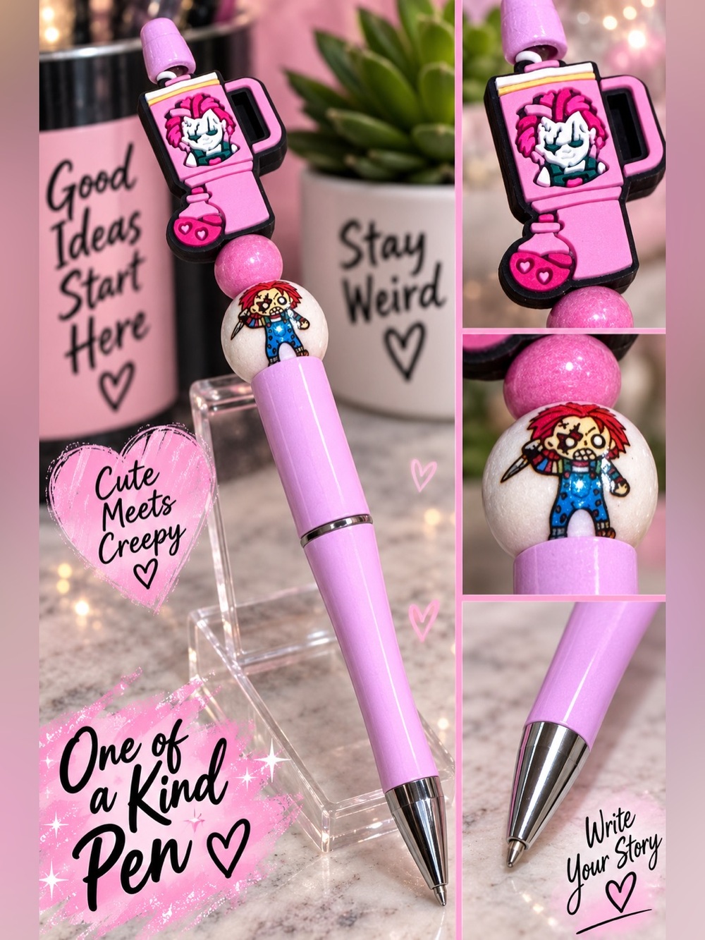 Chucky Halloween Lavender Novelty Bead Ballpoint Pen - Cute Meets Creepy